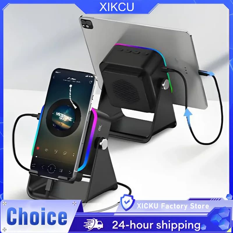Supporto per Telefono 2 in 1 Regolabile con Altoparlante Bluetooth e Luce RGB, Supporto da Scrivania per Ufficio e Visione Film, Compatibile con iPhone e Smartphone Android