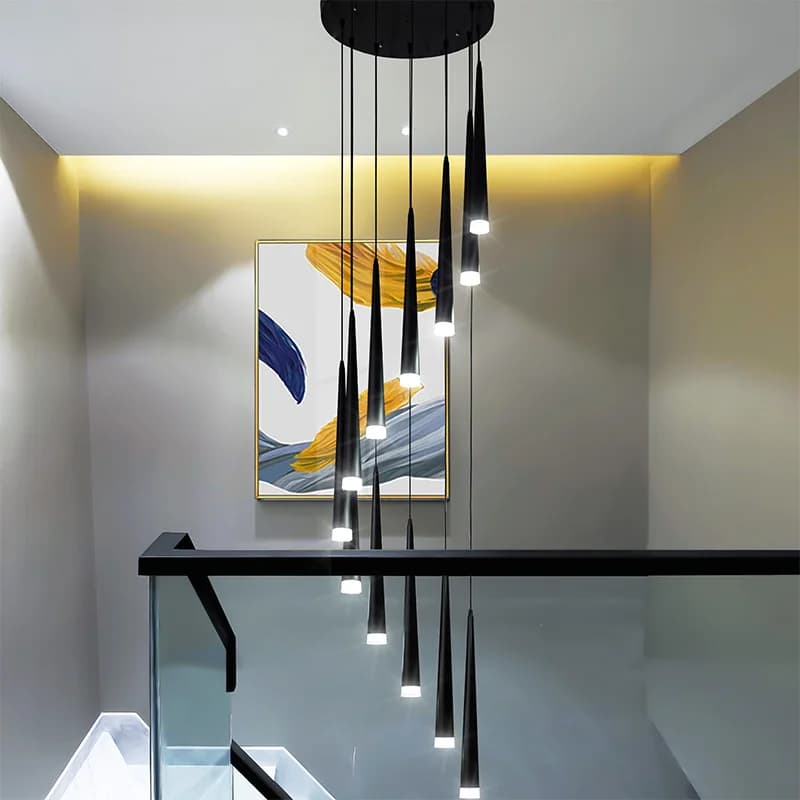 Lampadario per scale Moderno edificio di appartamenti duplex Soggiorno Lampade a sospensione Ristorante nordico Loft Luci a sospensione a LED lunghe nere