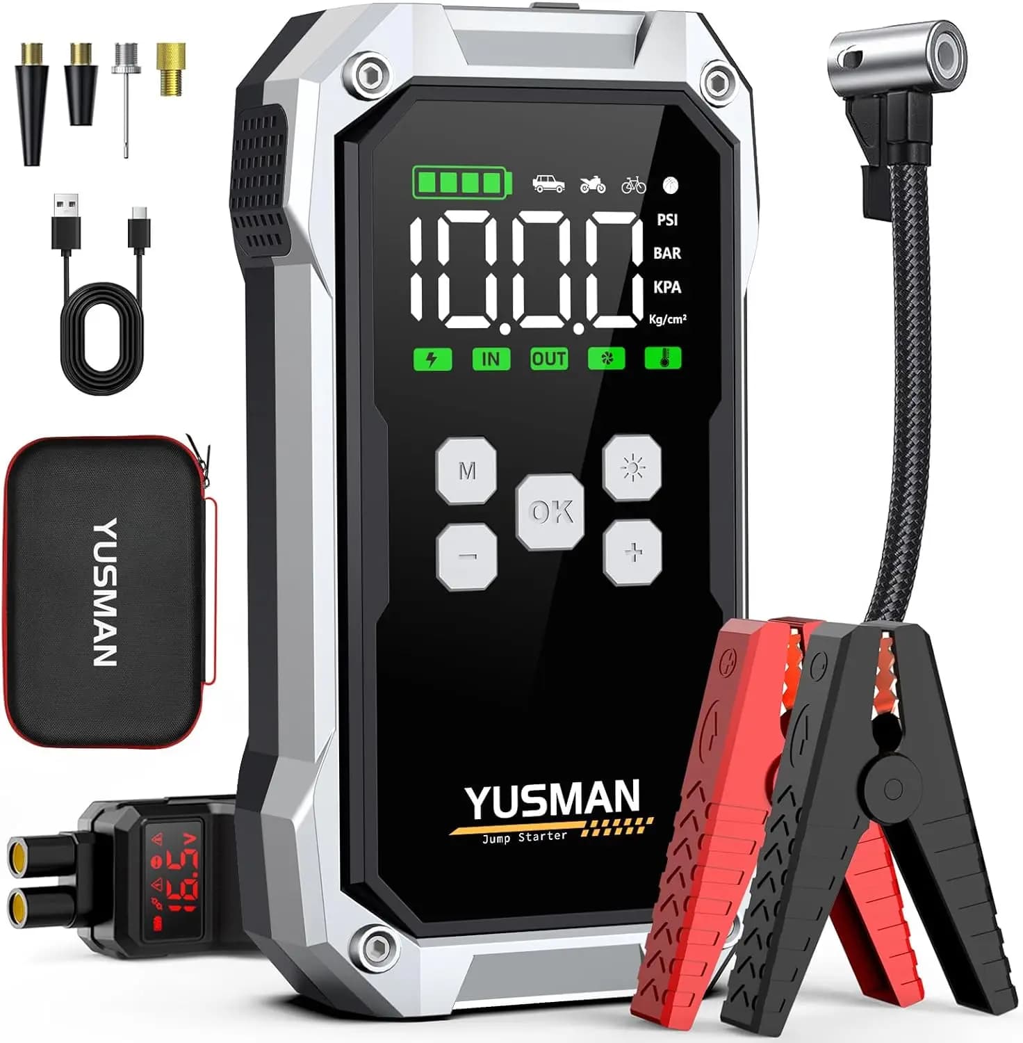 Avviatore di Emergenza per Auto 9000A 160PSI con Compressore d'Aria, Batteria 12V per Tutti i Motori a Benzina/Diesel 10.0L, Cavi di Avviamento Intelligenti e Display