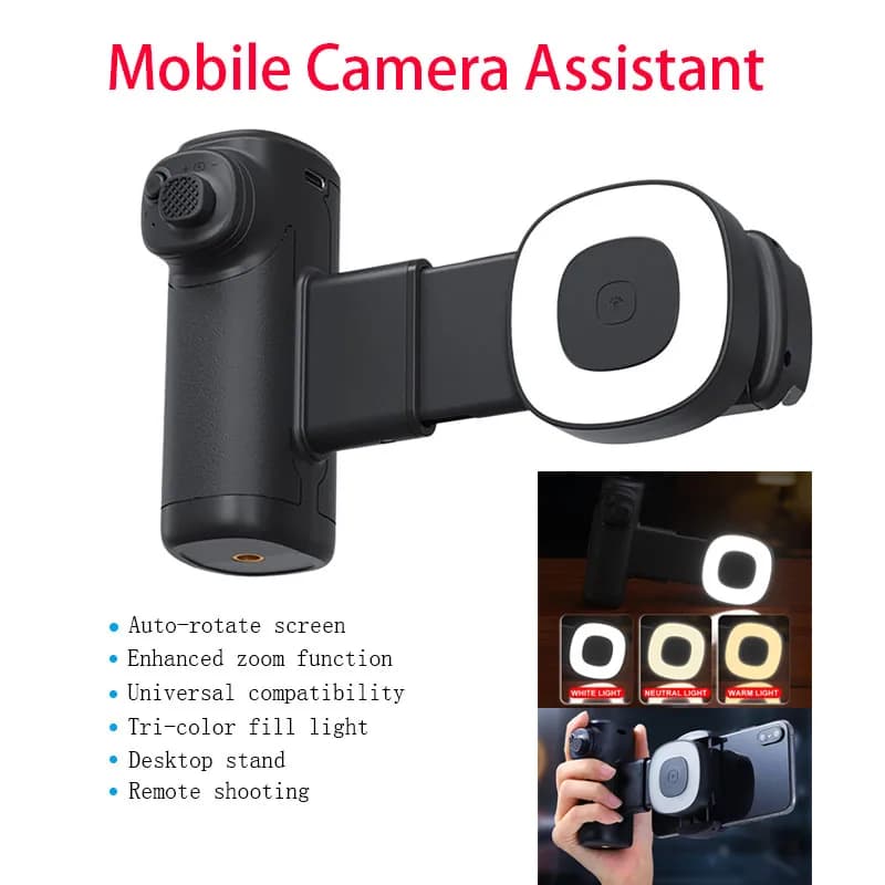 Bluetooth Grip for Selfie with Filling Light, Automatic Screen Rotation, Remote Shield, Mobile Camera Assistant for Open Photography