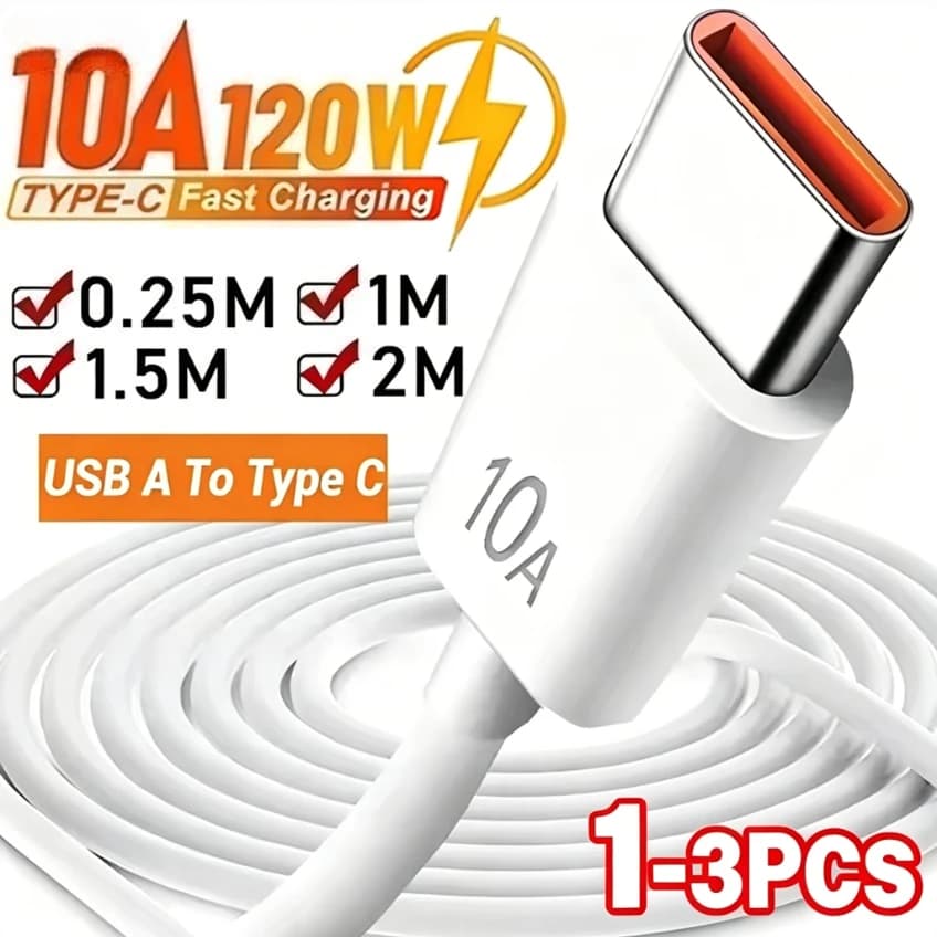 Super fast charging cable from USB to 120 W type C, 10 A USB-C charger data cable for Xiaomi, Samsung, Huawei, fast charging cable.