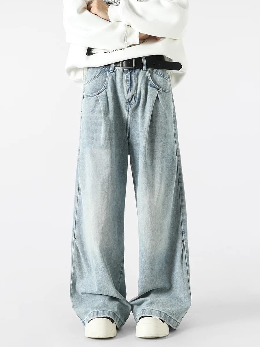 Jeans Boyue American Retro a Gamba Larga con Design Unico, Pantaloni Lunghi alla Moda con Vita Media e Cerniera per Uomo e Donna