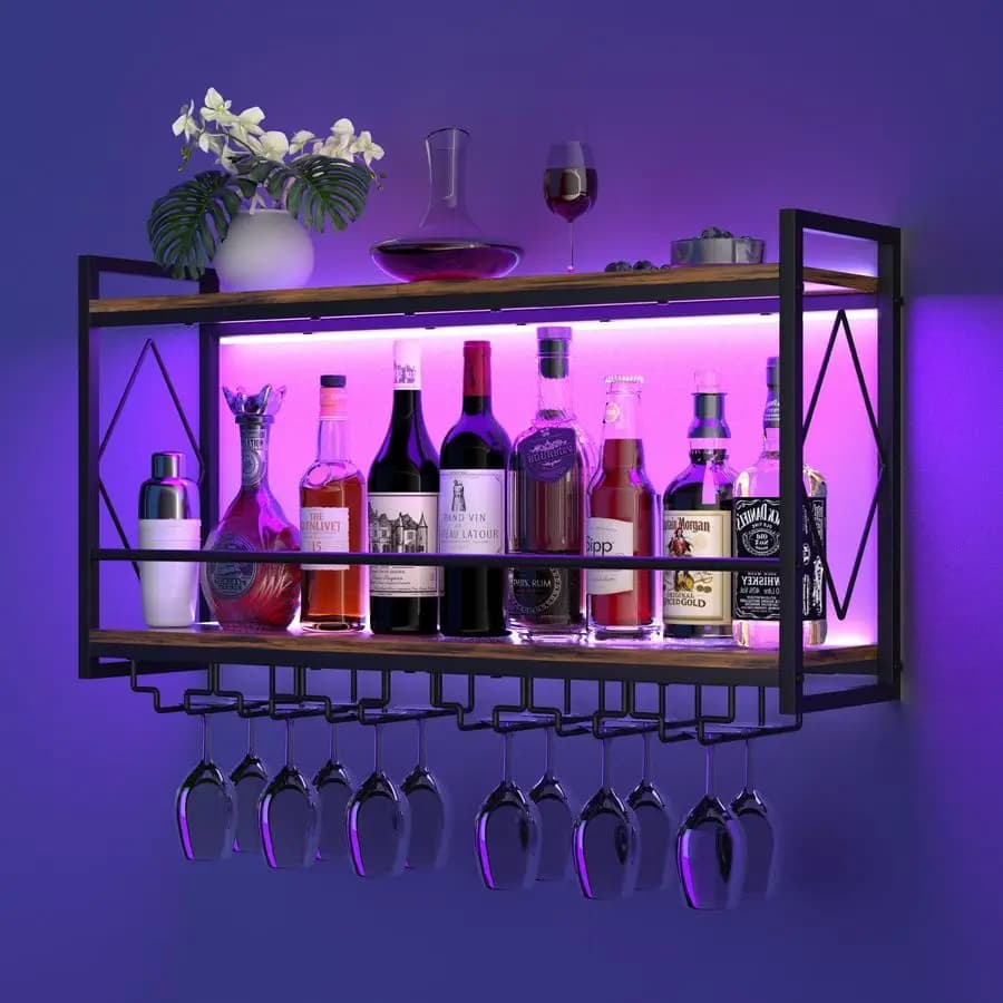 Portabottiglie da Parete con Luce LED, Scaffali per Liquori da 31,5 Bar con Portabicchieri, Scaffali Sospesi in Metallo per Conservazione Vini
