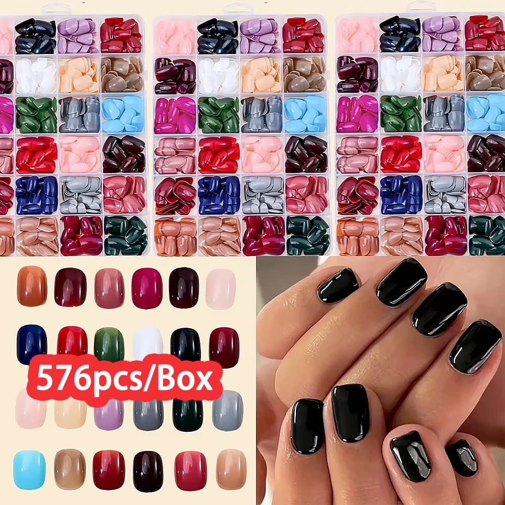 576pcs/Box Colorful Fake Nails Black Red Design Fake Nail Oval Short Square Press On False Nails Mixed Full Cover Nail Tips
