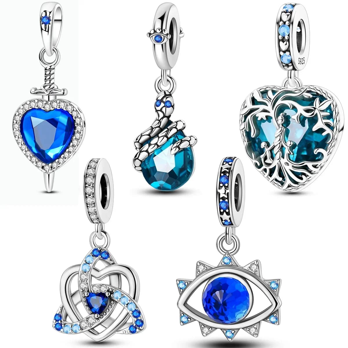 Heart of Blue Ocean Silver Charms Beads Fit Original Bracelet Bag Keychain Earring Charm Bead Pendant Diy Women Jewelry Gift
