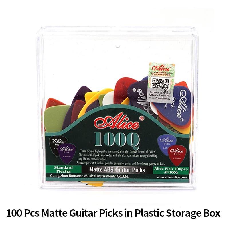 Plettri per Chitarra Alice, 100 Pezzi, Opachi Antiscivolo, Spessore Misto 0.58-1.5mm, con Scatola, Adatti per Chitarre Acustiche ed Elettriche