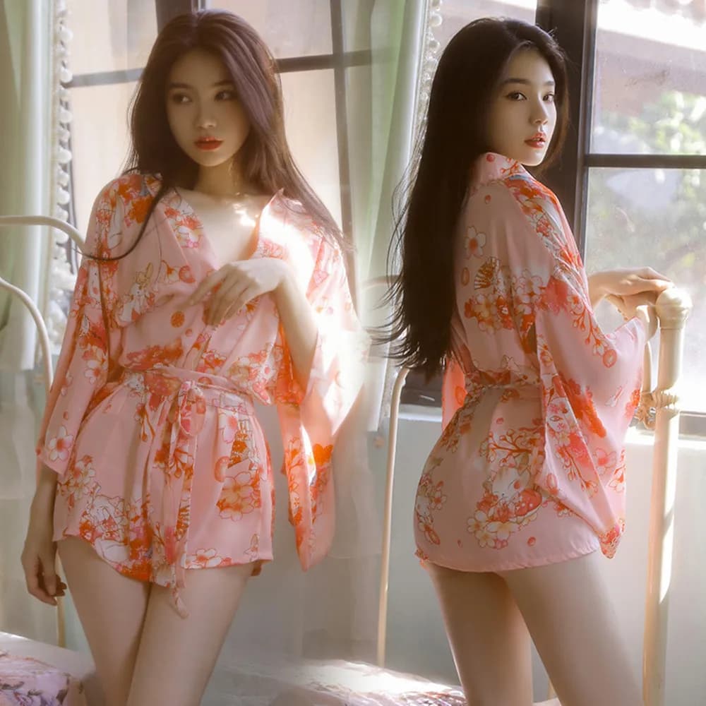 Super sexy rosa giapponese stampato floreale kimono pigiama accappatoio Yukata cardigan indumenti da notte tentazione abbigliamento porno da donna