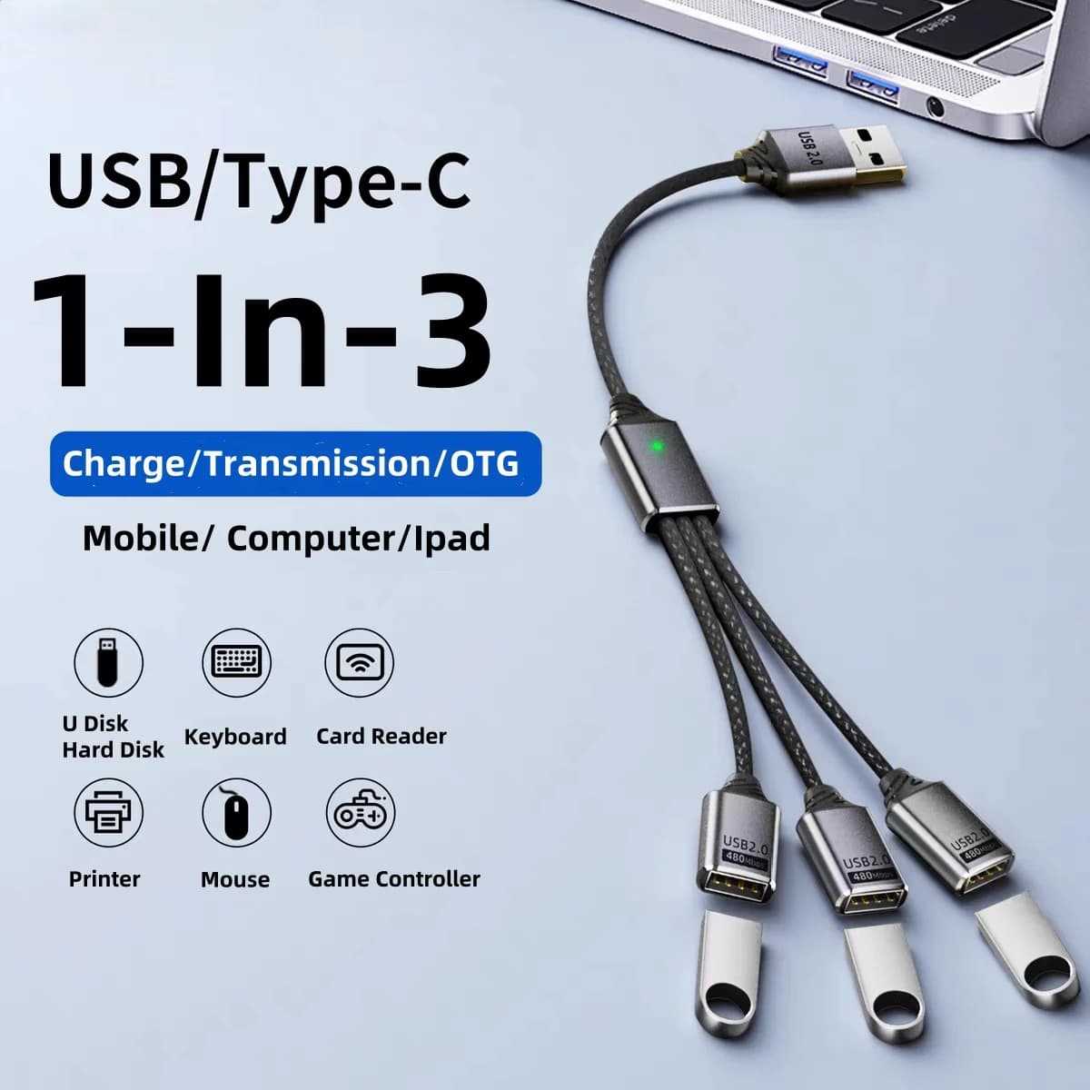 Cavo USB a 3 porte Splitter Cavo sdoppiatore adattatore OTG Cavo USB tipo C maschio a 3USB 2.0 femmina Hub per Samsung Huawei