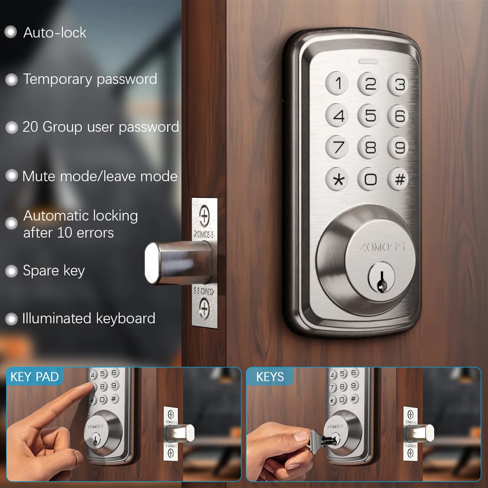 Serratura per porta con tastiera intelligente ZOMOSS, ingresso senza chiave con codice digitale con password antiribaltamento, serratura automatica e installazione semplice