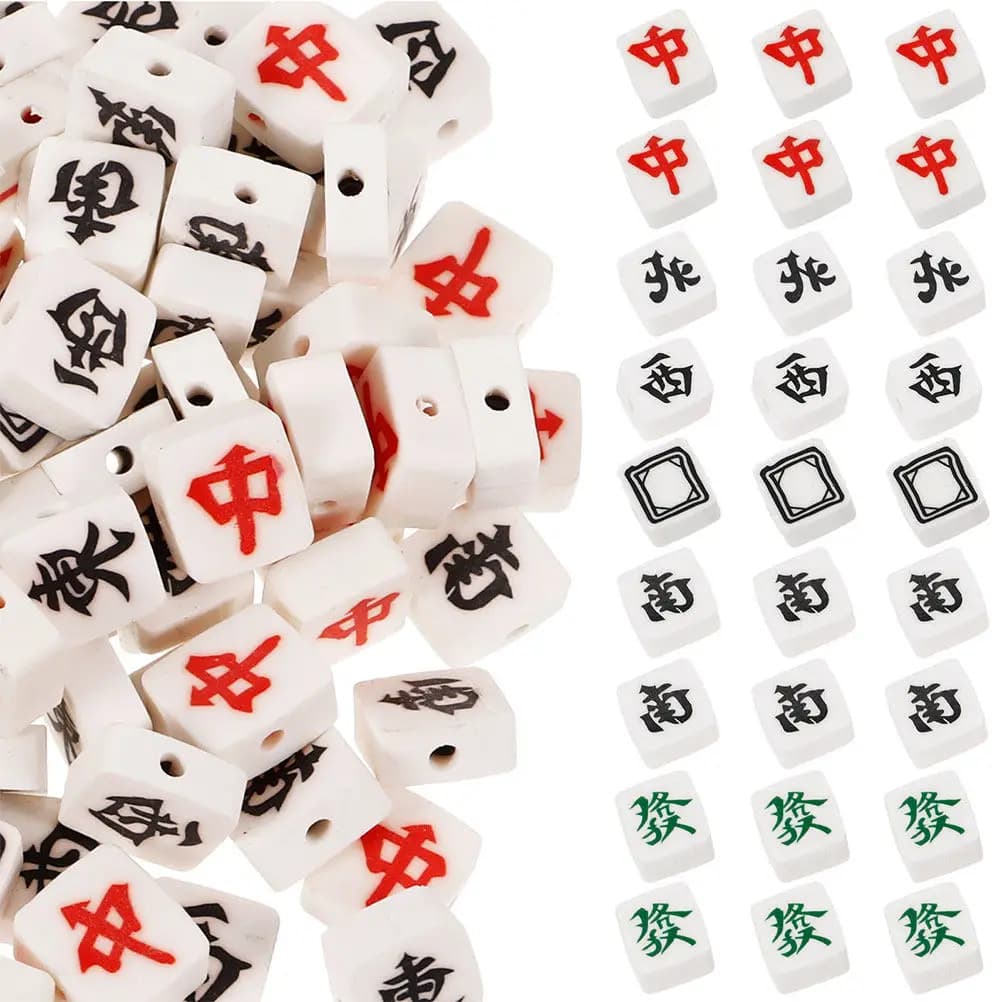 50 Pezzi Perline Piatti a Forma di Tessere Mahjong in Argilla Polimerica, Distanziatori per Creazione Gioielli Fai da Te, Braccialetti e Ciondoli per Giochi Cinesi