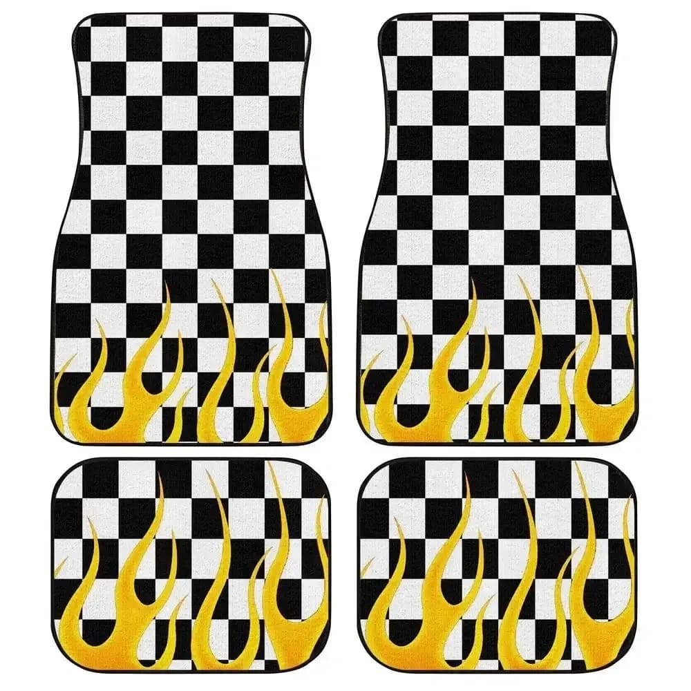 A set of 4 geometric grid patterns for black and green checkered car floor mats, vehicle front and rear floor mats, anti slip ca