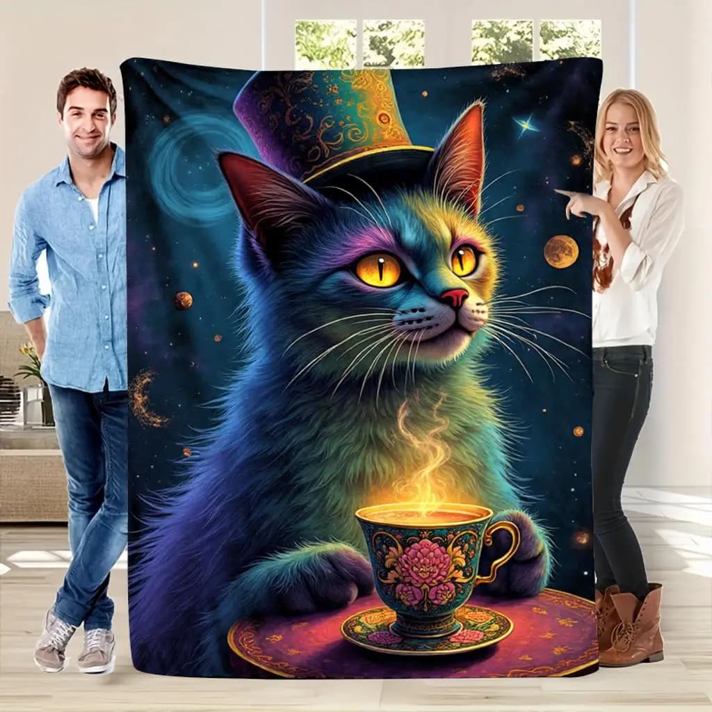 Coperta stampata in flanella con motivo gatto cosmico adatta a tutte le stagioni adatta per divano da ufficio e viaggi 180x250 cm