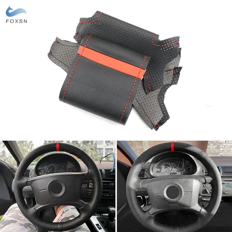 Volante per auto Rivestimento in pelle nera con striscia rossa per BMW Serie 3 5 E36 E46 E39 1998 1999 Per X3 E83 X5 E53 2000-2006