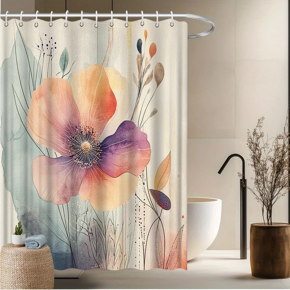 Tenda da doccia con papavero acquerello, fiori vivaci arancioni e viola, foglie astratte, poliestere resistente allo sbiadimento, lavabile in lavatrice