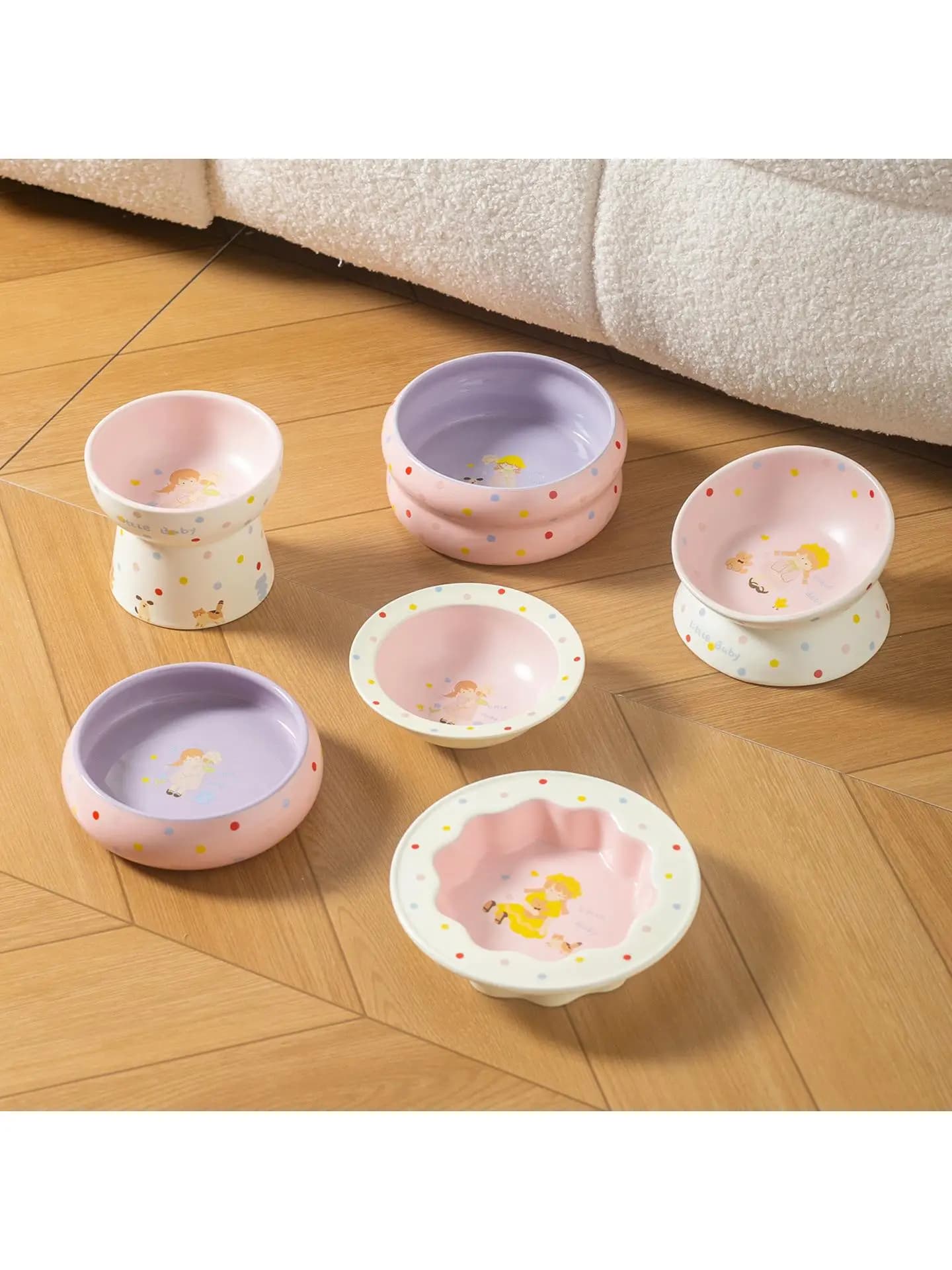 Ciotole per Cani in Ceramica Serie Ragazza a Pois Cartone Animato Creativo, Ciotole per Acqua e Cibo Anti-Ribaltamento con Protezione Collo per Animali Domestici