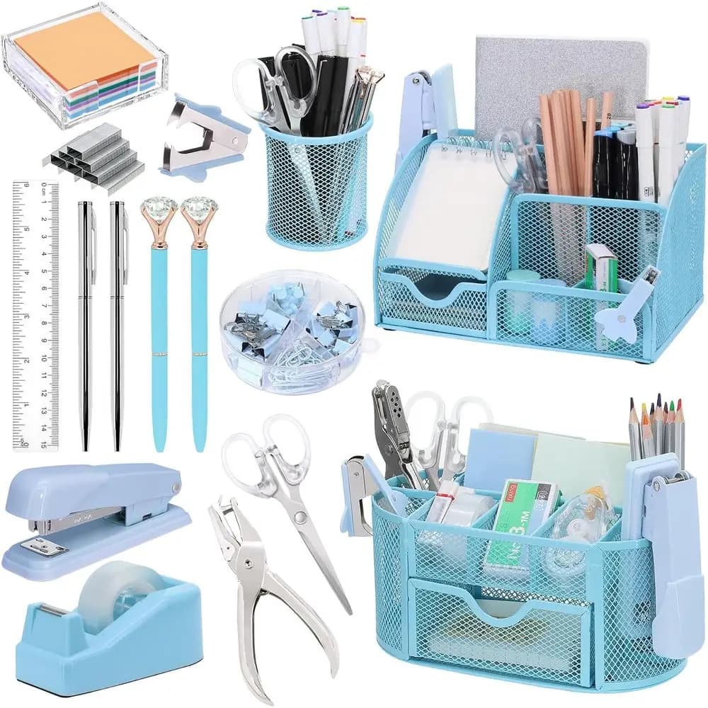 Set di 17 Organizzatori da Scrivania Blu, 3 Accessori per l'Organizzazione della Scrivania, 4 Penne, Graffettatrice, Graffette e Rimuovi Graffette, Ta