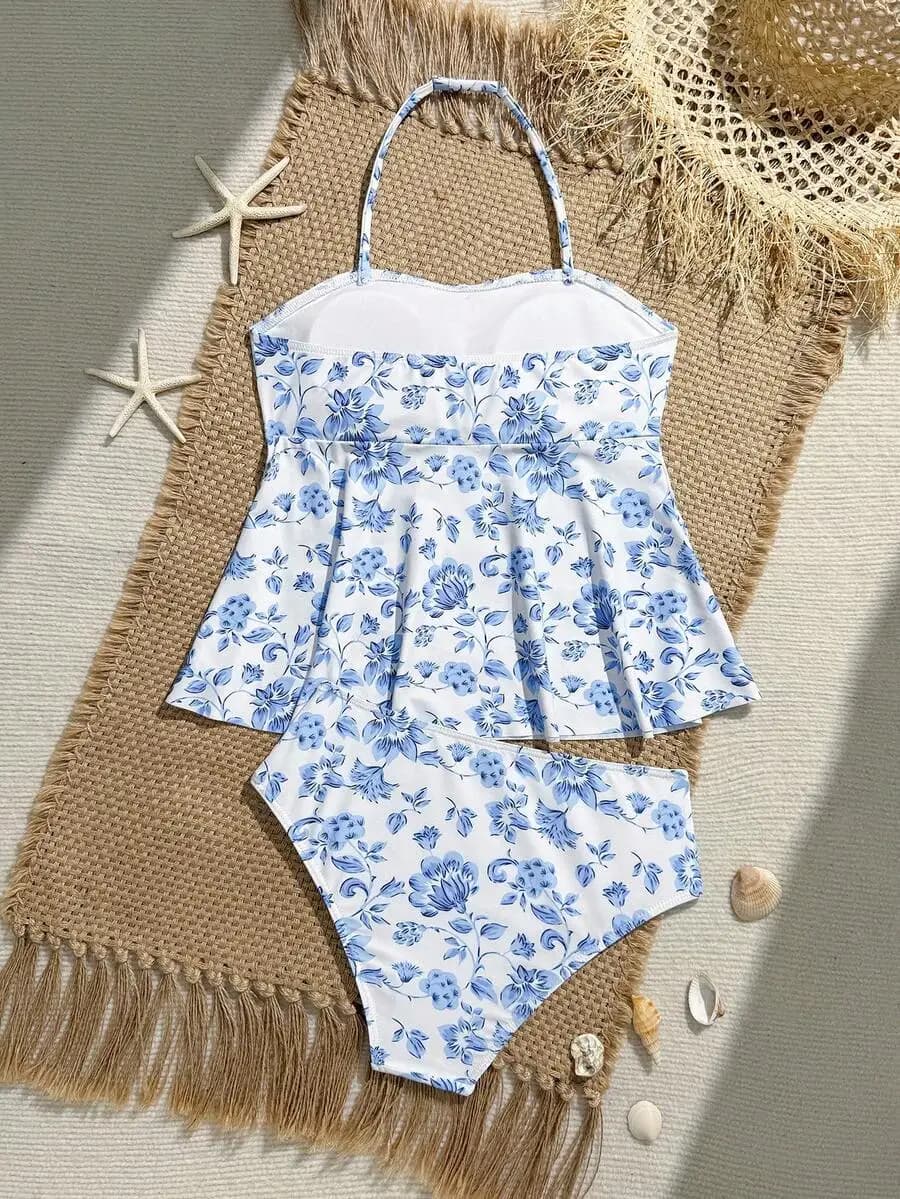 Blue Ditsy Floral Halter Tankini With Peplum Top And High-Waisted Shorts For Teens Modest Two Piece Beach Swimwear Set