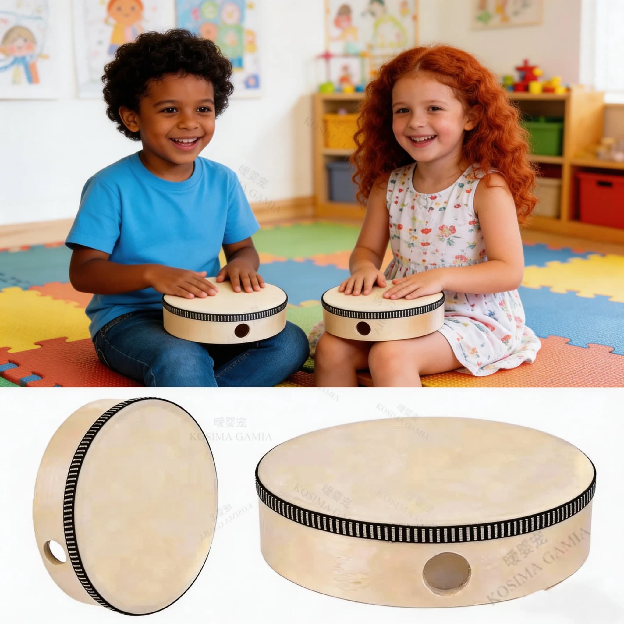 Tamburo a mano in legno da 4/6 pollici, strumento musicale portatile con telaio in legno, regalo per bambini e neonati, sicuro, atossico, educativo, facile da trasportare