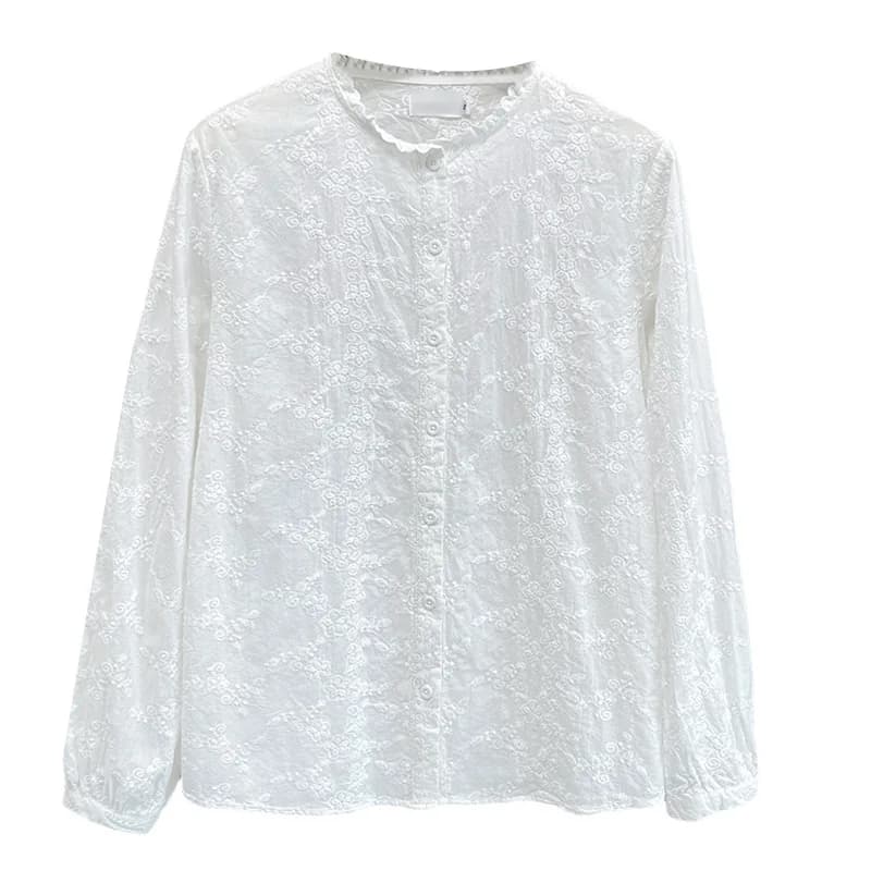 Camicette da donna taglie forti 2025 Autunno Nuovo stile artistico Colletto arricciato Camicia a maniche lunghe in jacquard con ricamo in cotone 9090