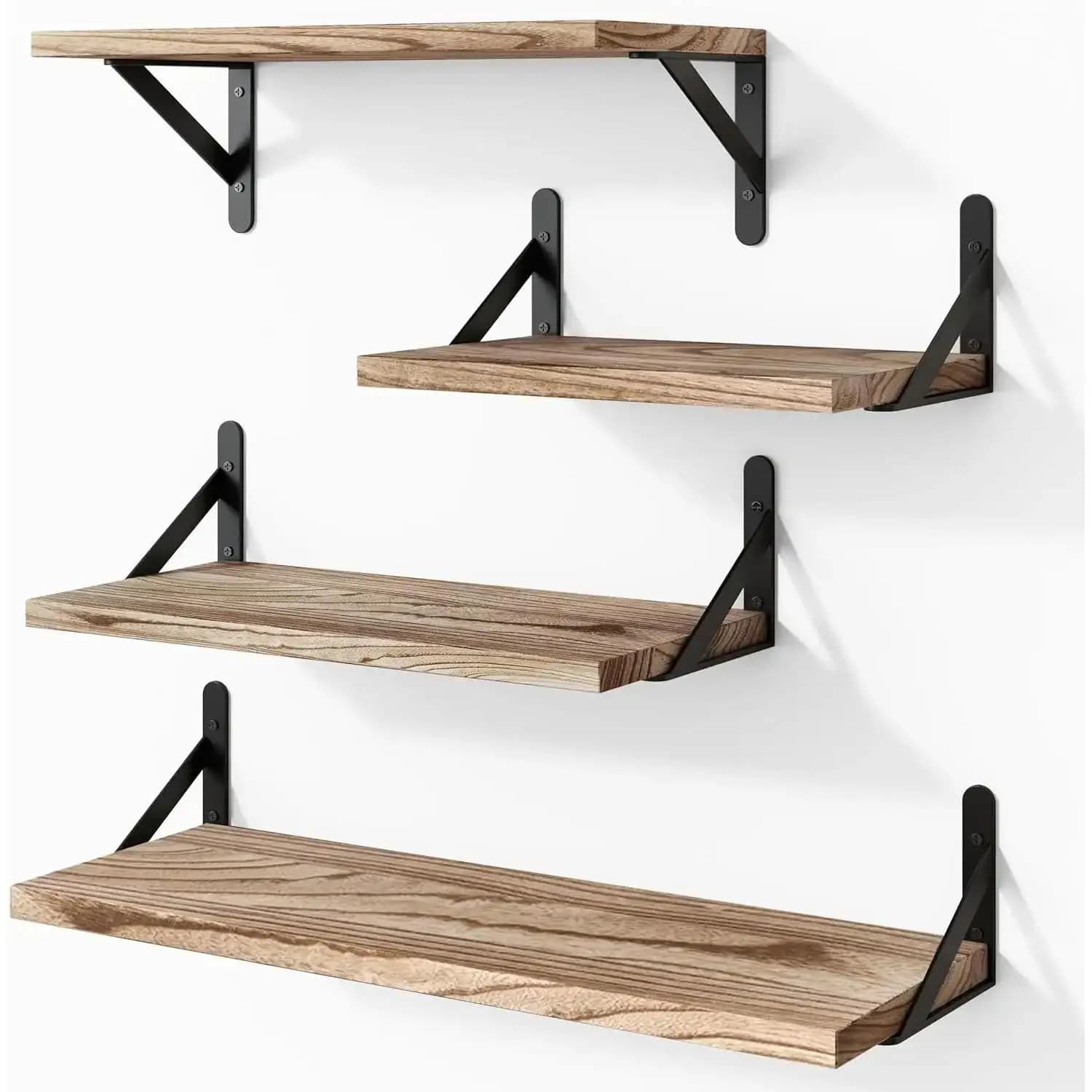 4Pcs Set Rustic Wood Floating Shelves Wall Mounted Storage Rack Heavy Duty 18kg Capacity Display Shelf Wooden Home Decor Organizer for Bathroom Kitchen Living Room Bedroom Bookshelf Spice Rack