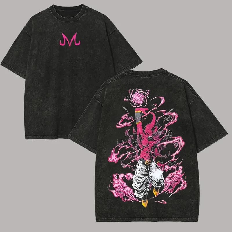 T-Shirt Kid Buu Dragon Ball Z Anime Uomo Vintage Effetto Acido Oversize Cotone Logo Majin M Rosa Grafica Fronte-Retro 2026