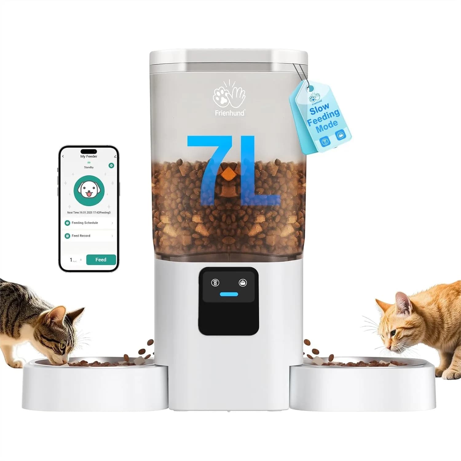 Distributore Automatico di Cibo per 2 Gatti con Alimentazione Lenta, Doppio Dispenser per Cani 5G WiFi, Controllo APP, Ciotola Doppia Staccabile per Animali Domestici