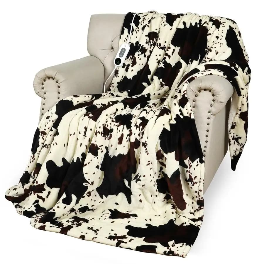Coperta da lancio, coperta riscaldante elettrica con stampa mucca 50x60, comode coperte riscaldanti in morbida flanella Sherpa con amplificatore a 9 livelli di calore