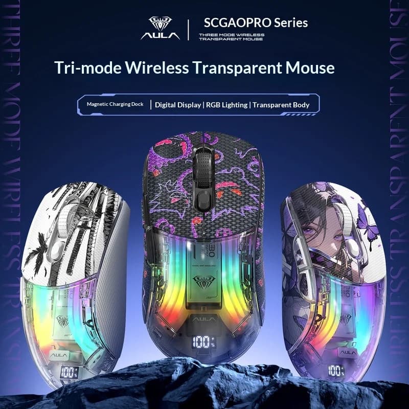 AULA SC630 Pro Mouse da gioco trasparente Tri Mode 24G Bluetooth cablato senza fili con dock di ricarica per desktop, laptop, ufficio
