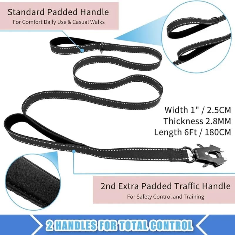 Guinzaglio per cani resistente da esterno - Guinzaglio per cani in nylon riflettente con 2 impugnature morbide imbottite e clip a moschettone con blocco automatico