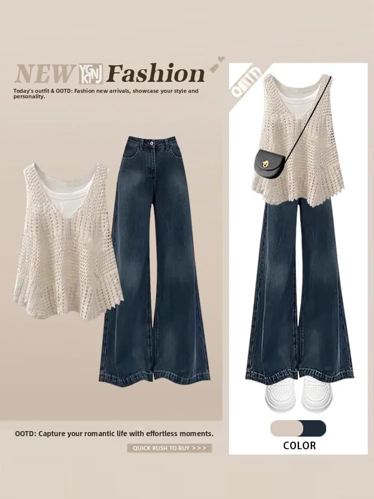 Summer Lazy Style Women's Hollow out Cover up Top And Vest Vintage Slimming Wide Leg Jeans Two Piece Set Casual Fashion