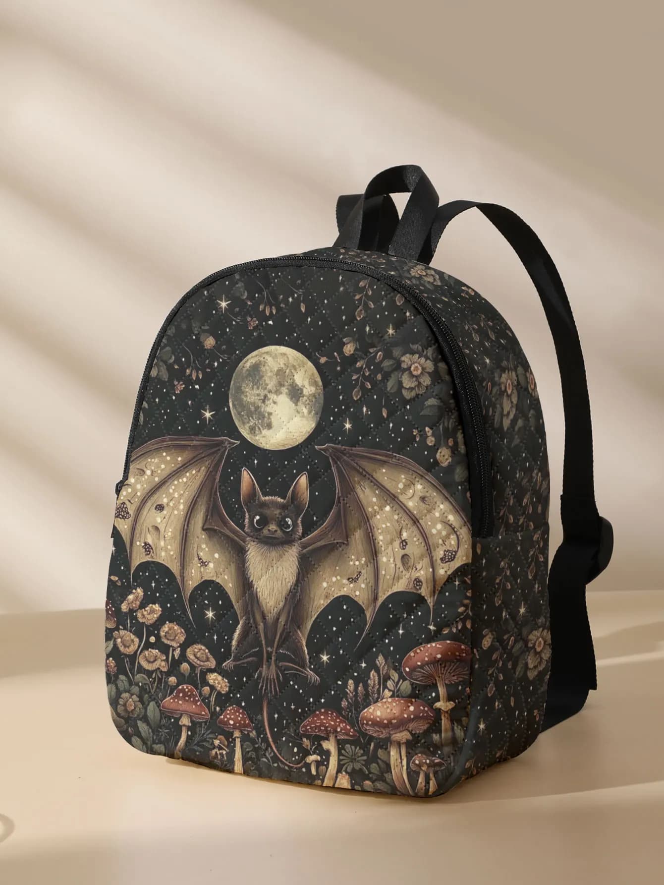 Bat Moon Mushroom Floral Print Quilted Compact Backpack, Suitable For Outdoor, Travel, Campus, Unisex For Men And Women Daily Us