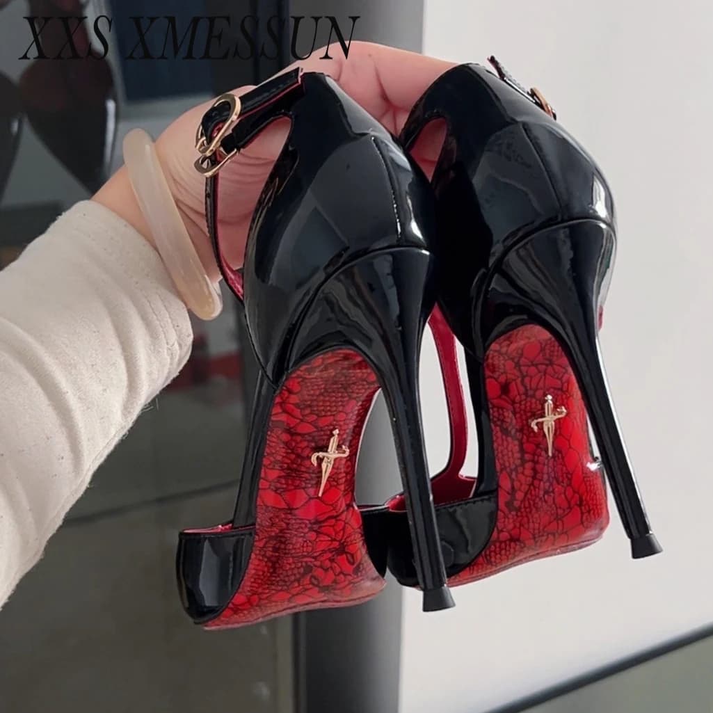 WGSTART 2026 New Pointed Buckle Red Soled High-Heeled Shoes Black Toe Cap and Hollow Sexy Slim Heel Sandals