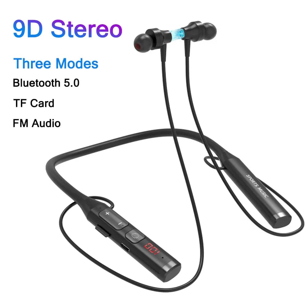 Auricolare wireless Bluetooth 5.0 Auricolare HiFi 9D Stereo Cuffie sportive da appendere al collo Supporto Bluetooth Scheda TF Riproduzione audio FM