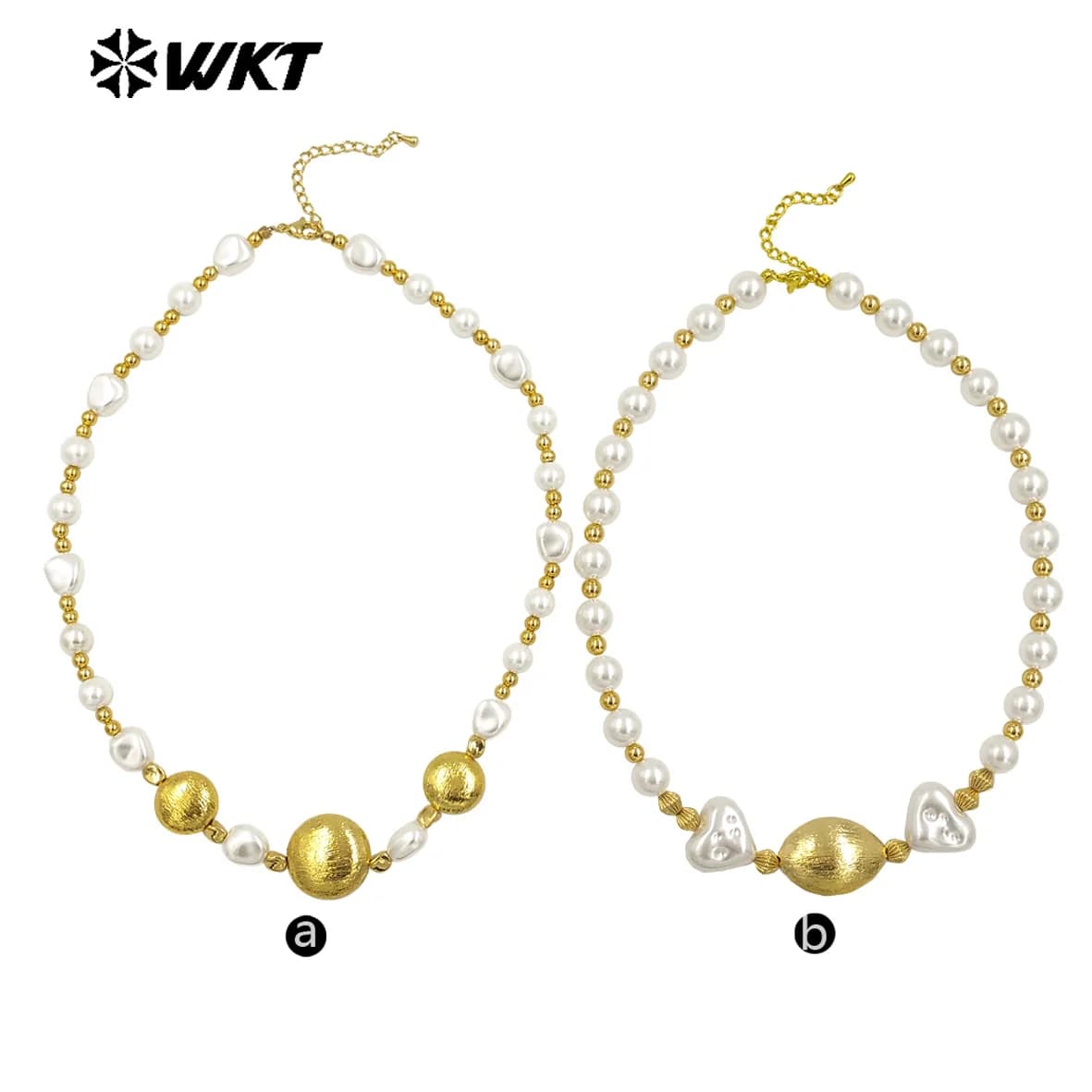 WT-JN291 WKT Perline spaziali fatte a mano con perle artificiali e perline di raso dorato Collana girocollo lunga da 17 pollici per le donne alla moda