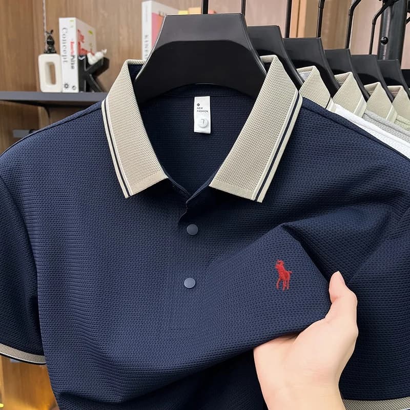 Polo da uomo in seta ghiaccio, nuova collezione, ad asciugatura rapida, fresca al tatto, confortevole, traspirante, a maniche corte, da golf, di alta gamma, con risvolto ricamato, per affari