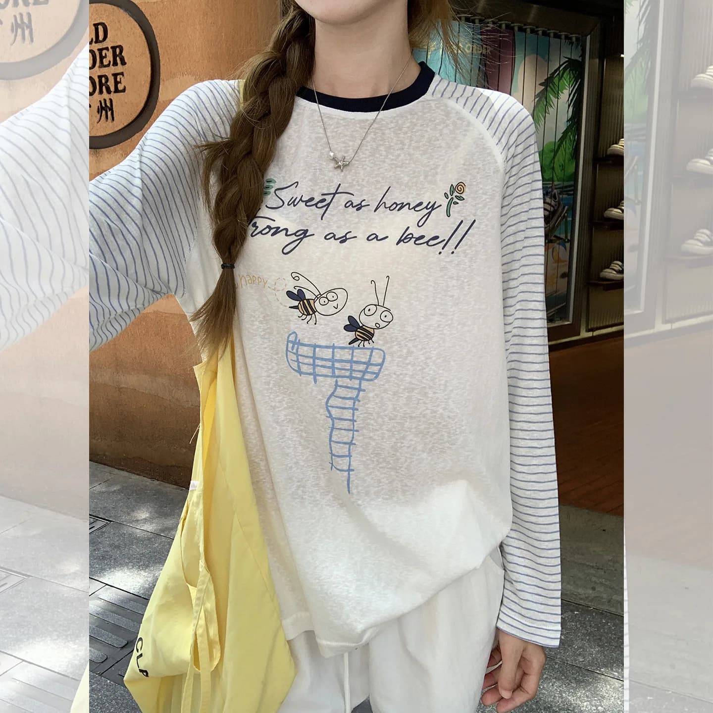Camicetta con protezione solare stampata semitrasparente sottile a righe color block per donna Top a maniche lunghe con design stile pigro estivo 2025