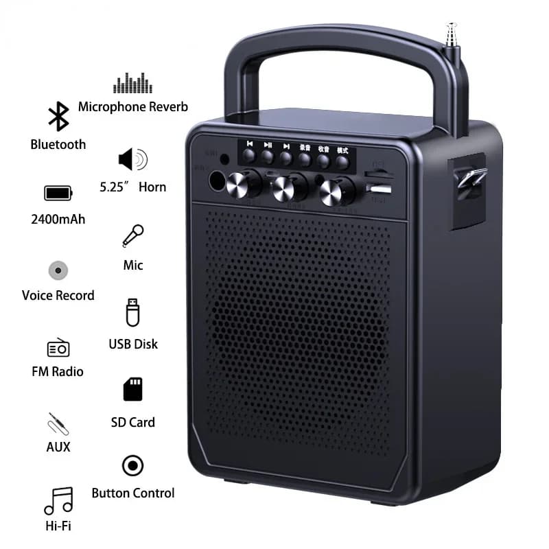 Altoparlante Bluetooth portatile Karaoke Radio FM Bass Boombox Altoparlanti USB esterni impermeabili Supporto altoparlante subwoofer musicale AUX