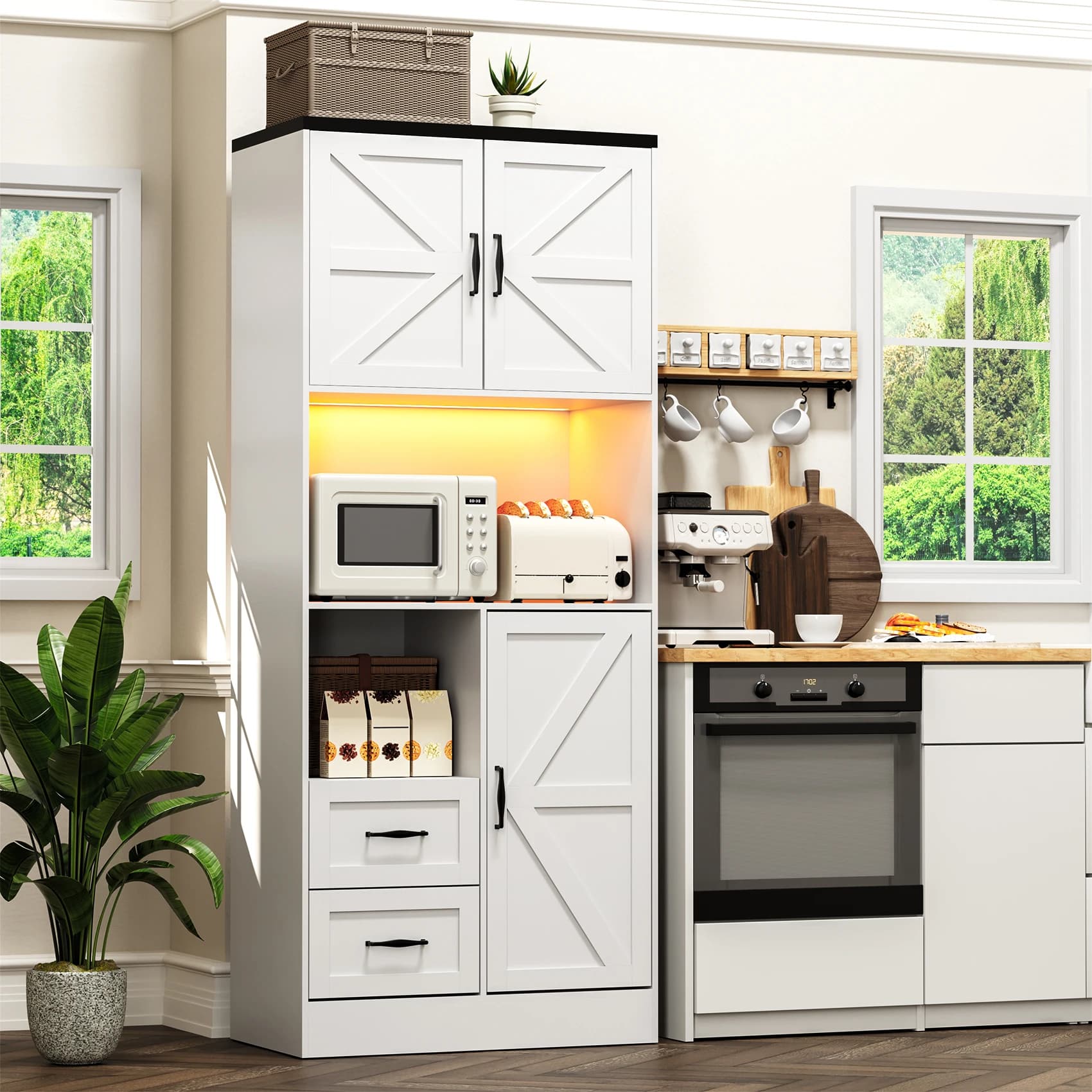 Armadio dispensa da cucina con luci LED e presa di corrente, dispensa alta in stile rustico con ante scorrevoli e cassetti, regolabile