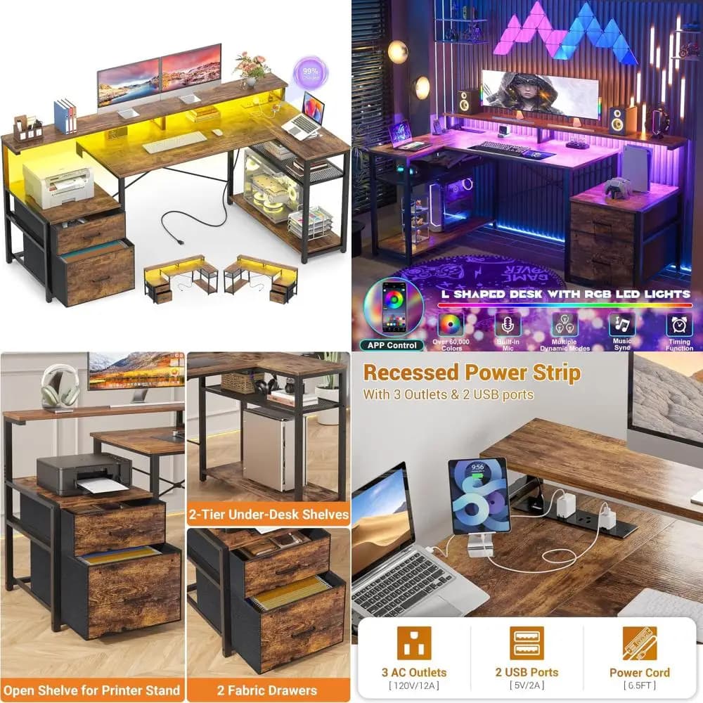 Scrivania da Gaming a L Reversibile con Presa di Corrente, Striscia LED, Ripiano per Monitor, Spazio di Archiviazione, Marrone Rustico