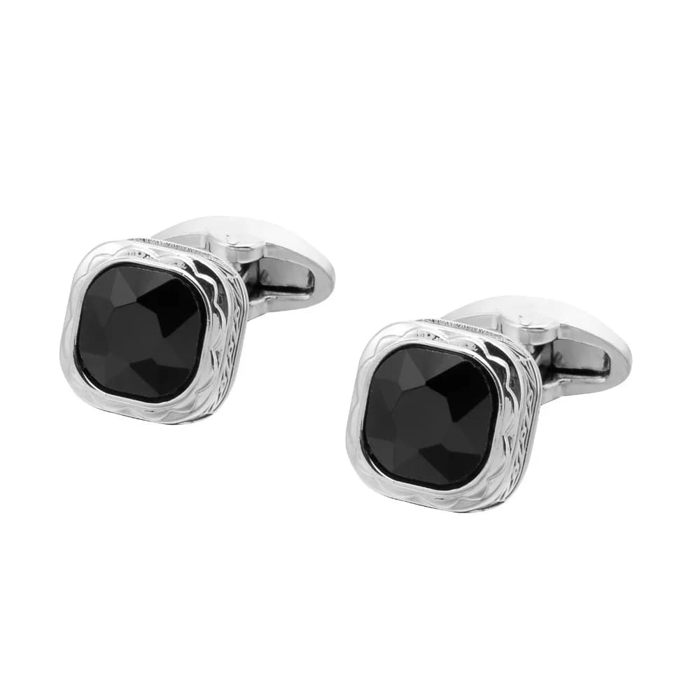 Gemelli Neri con Gemme e Bordo Argentato, Accessori Classici per Camicie da Uomo