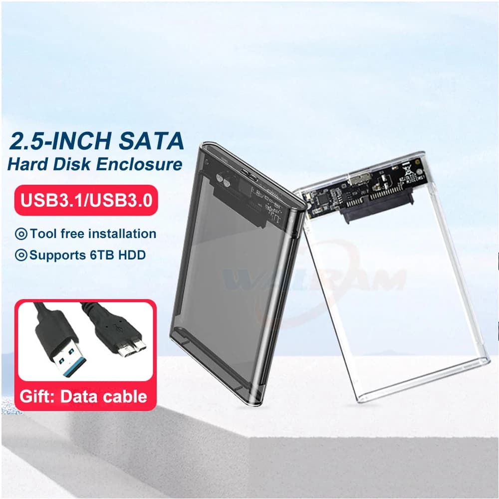 Custodia per HDD SSD da 2,5 pollici USB 3.0 / USB 3.1 Custodia per disco rigido trasparente Custodia per disco rigido esterno per PC portatile Scatola per disco rigido SATA mobile