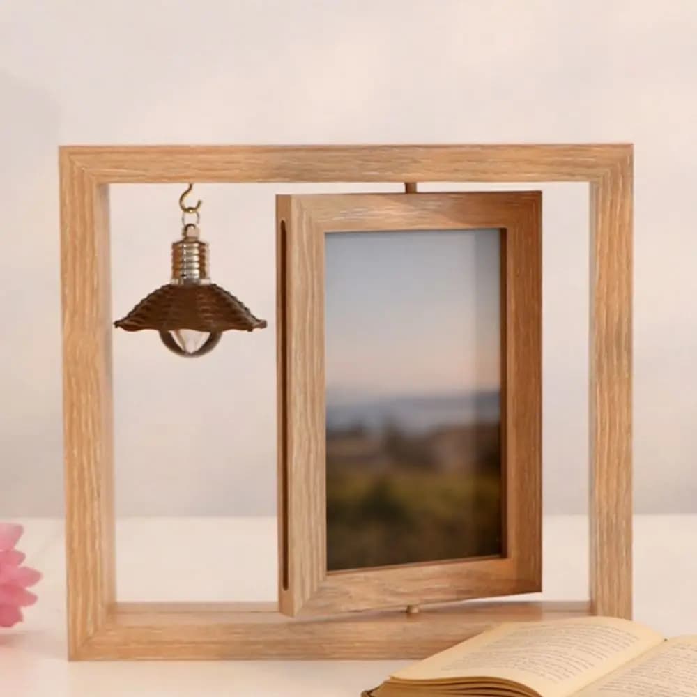 Innovative Frame for Photo in Rotating Double Sided Wood, Reboundable Square Frame, Creative Decorative Frame