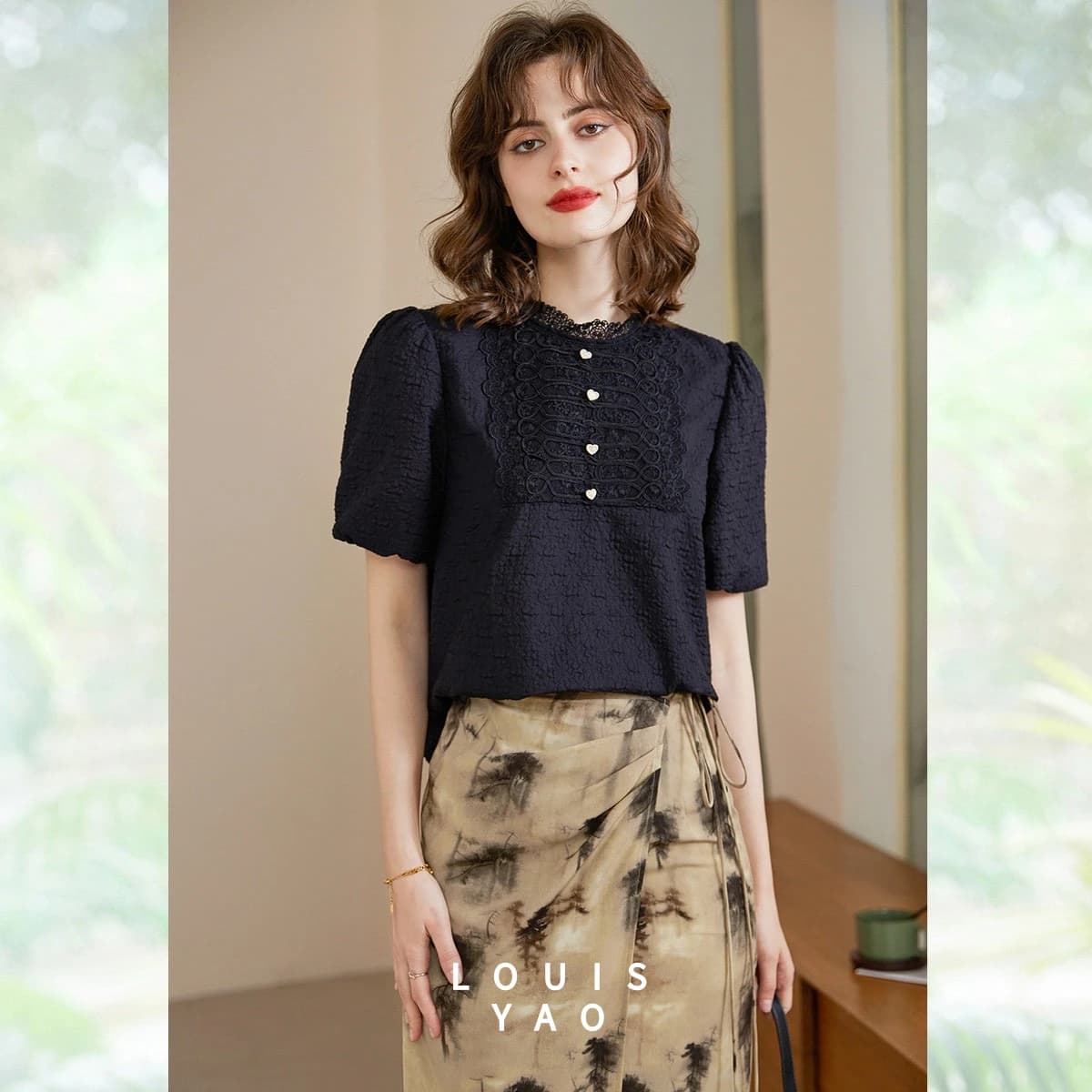 LOUISYAO 2026 Summer Chinese Style Frog Button Blouse Women Lace Stand Collar Puff Sleeve Shirt