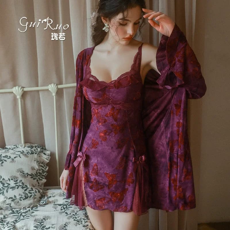 Accappatoio da donna in pizzo, camicia da notte in raso, abito estivo in chiffon, kimono, set di lingerie, twinset, abito da notte