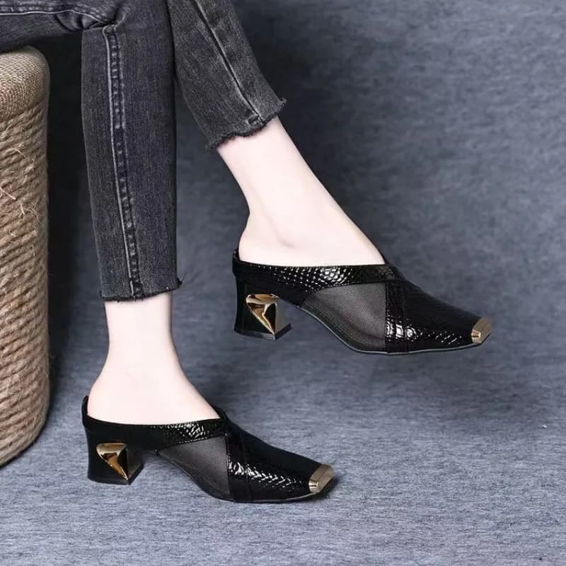Women's Slippers Mesh Breathable Snake Pattern Square Toe Metal Decor Slip on Chunky Mules Elegant Party Shoes Outdoor Footwear