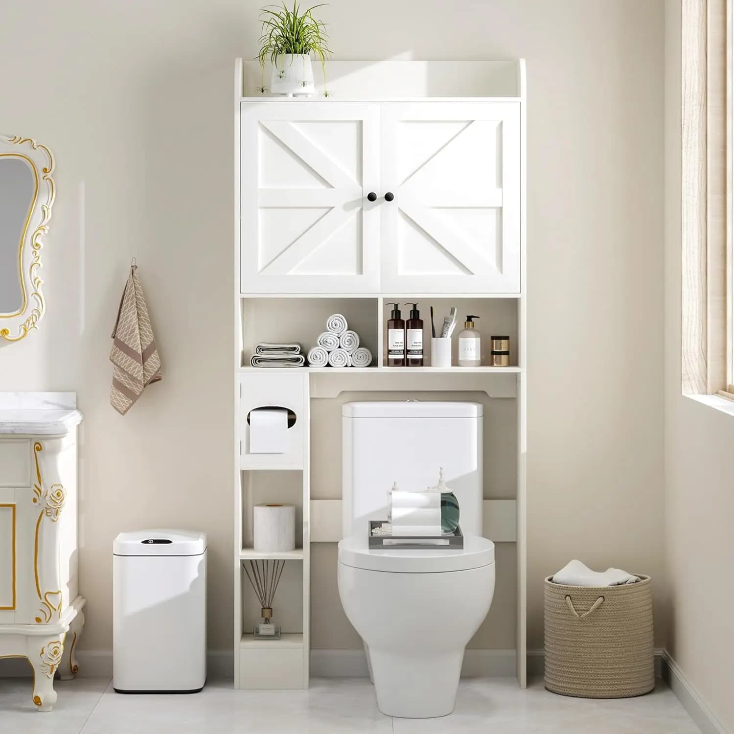 Mobiletto Salvaspazio Sopra il WC con Porta Scorrevole, Scaffale Alto Organizzatore per Bagno e Porta Carta Igienica, Bianco, Lavanderia