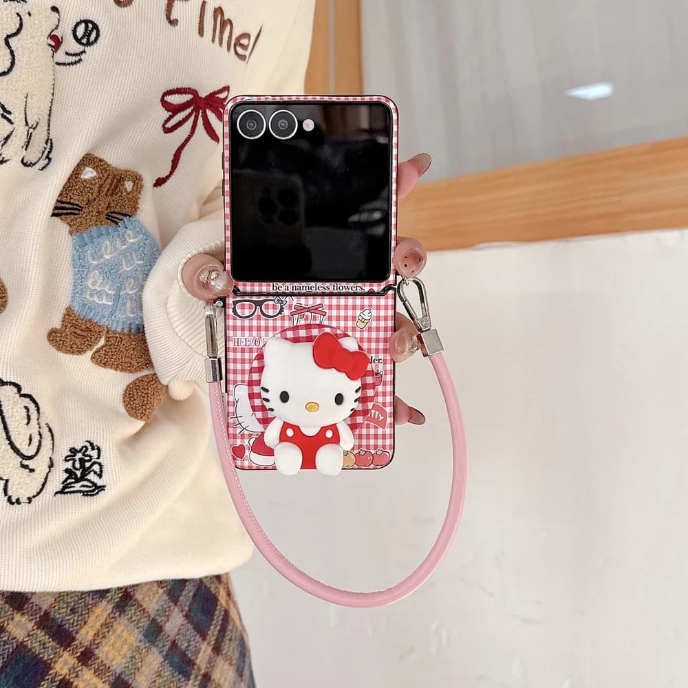 Custodia per telefono in pelle Sanrio Hello Kitty con supporto magnetico Grip Tok e ricarica wireless MagSafe per Samsung Galaxy Z Flip 7 6 5