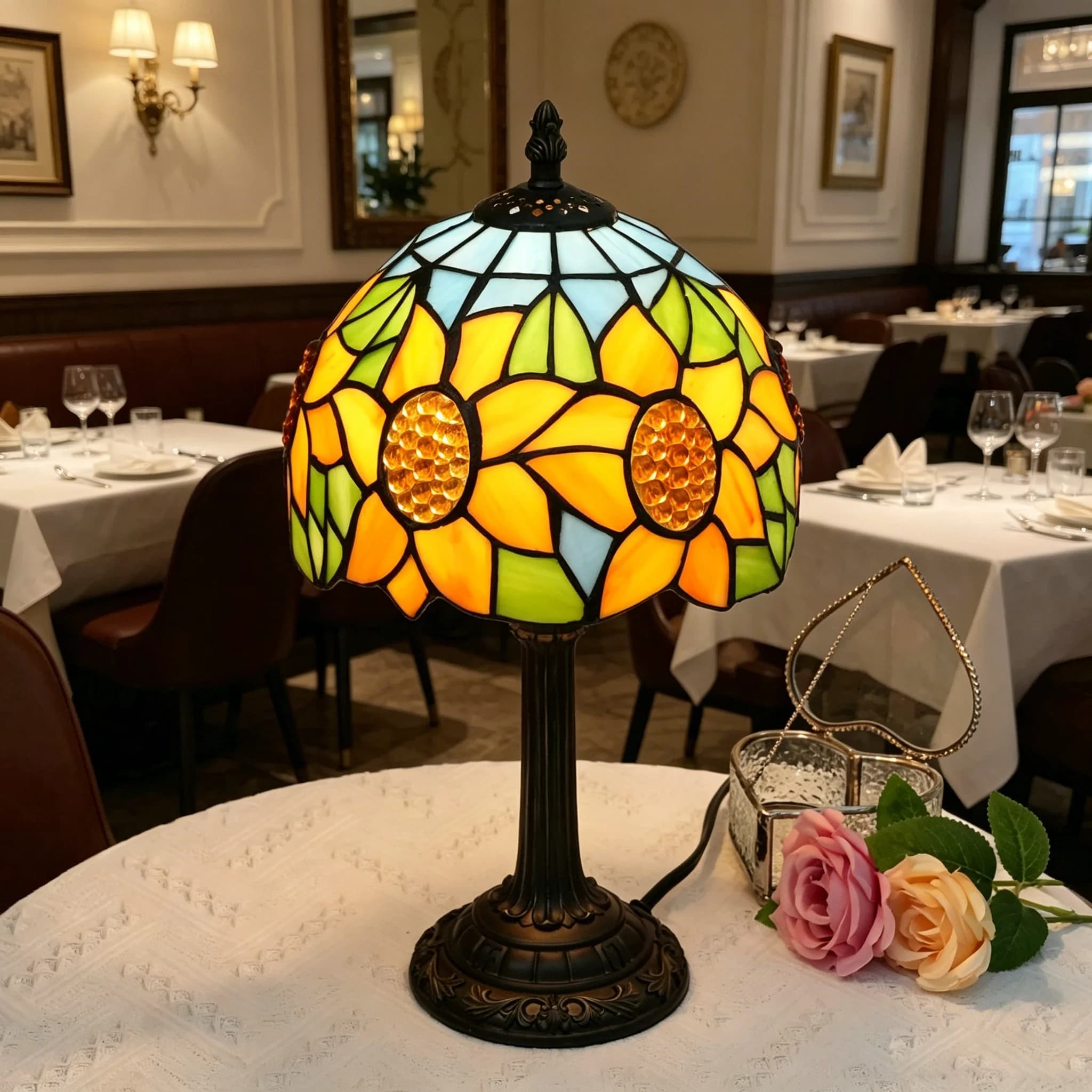 8 Inch Stained Glass Lamp with Blue Sunflower stained Glass Shade Tiffany Style Table Lamp for Bedroom Bedsid Living Room Office