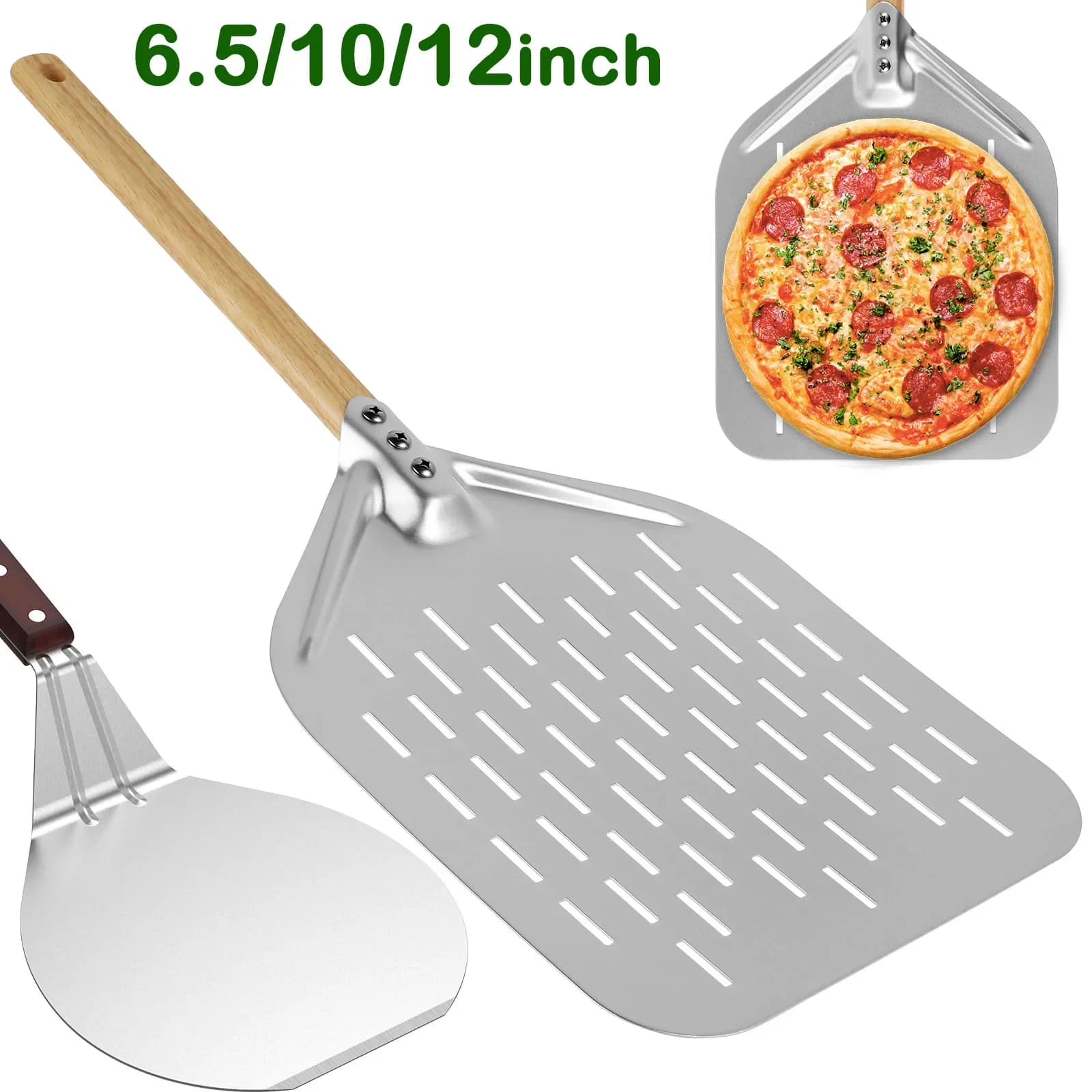 Pala per Pizza in Metallo Antiaderente da 6.5/10/12 Pollici con Manico in Legno, Sollevatore per Torte, Vassoio di Trasferimento per Pizza e Pane Fatti in Casa