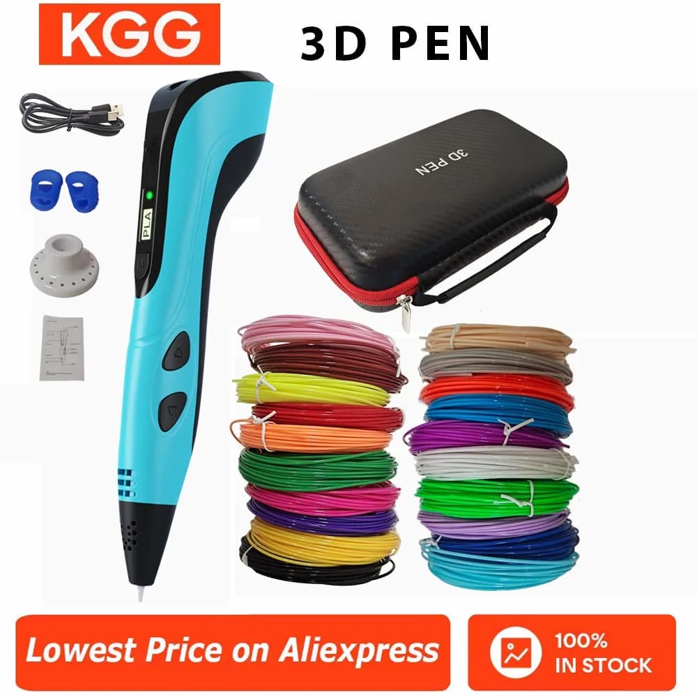 2025 Set di penne 3D per bambini Penna per stampa 3D con schermo LED Adattatore di alimentazione PLA da 100 M Scatola da viaggio Regalo di compleanno di Natale per bambini